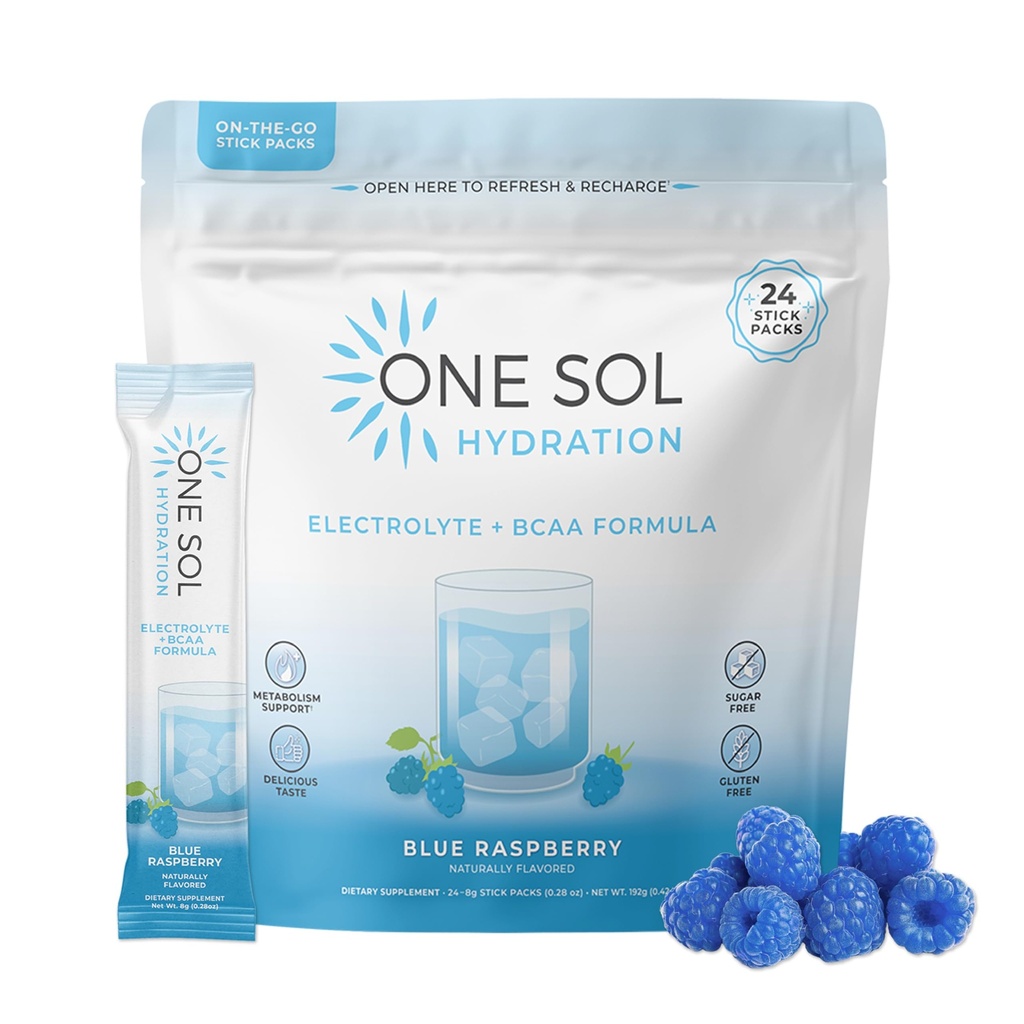 Viens Sol BCAA & Elektrolītu pulveris hidratācijai un enerģijai, All-Natural Formula, 100% Vegan, Non-GMO, bez lipekļa un sojas, veicina muskuļu augšanu un atgūšanu, dabas zils aveņu Flavor