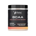 RAW Synergies BCAA Pulveris – Vegan 2:1:1:1 Aminoskābes ar L-glutamīns – Muskuļu atgūšana, izturības un hidrācijas atbalsts – Skābu persiku gredzeni, 30 Kalpo