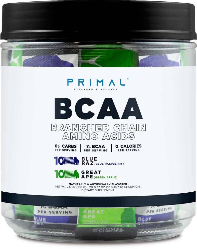 Primal BCAA Variety Pack, Zils Avenes + Great Ape Green Apple aromatizēts (20 Stickpacks) - 7G BCAA per apkalpo, sazarotas ķēdes aminoskābes