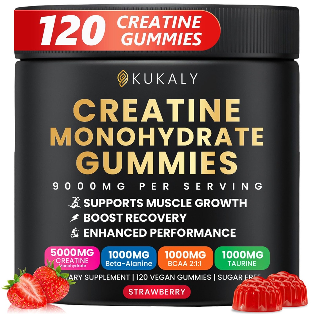 Kreatīna monohidrāts Gumijas vīriešiem un sievietēm, 9000MG Kreatīna Gumijas Bezcukurs ar L-Taurīna, BCAA 2:1, B12 B6 Boost Strength, Focus & Endurance, Vegan, Non-GMO, zemeņu, 120pcs