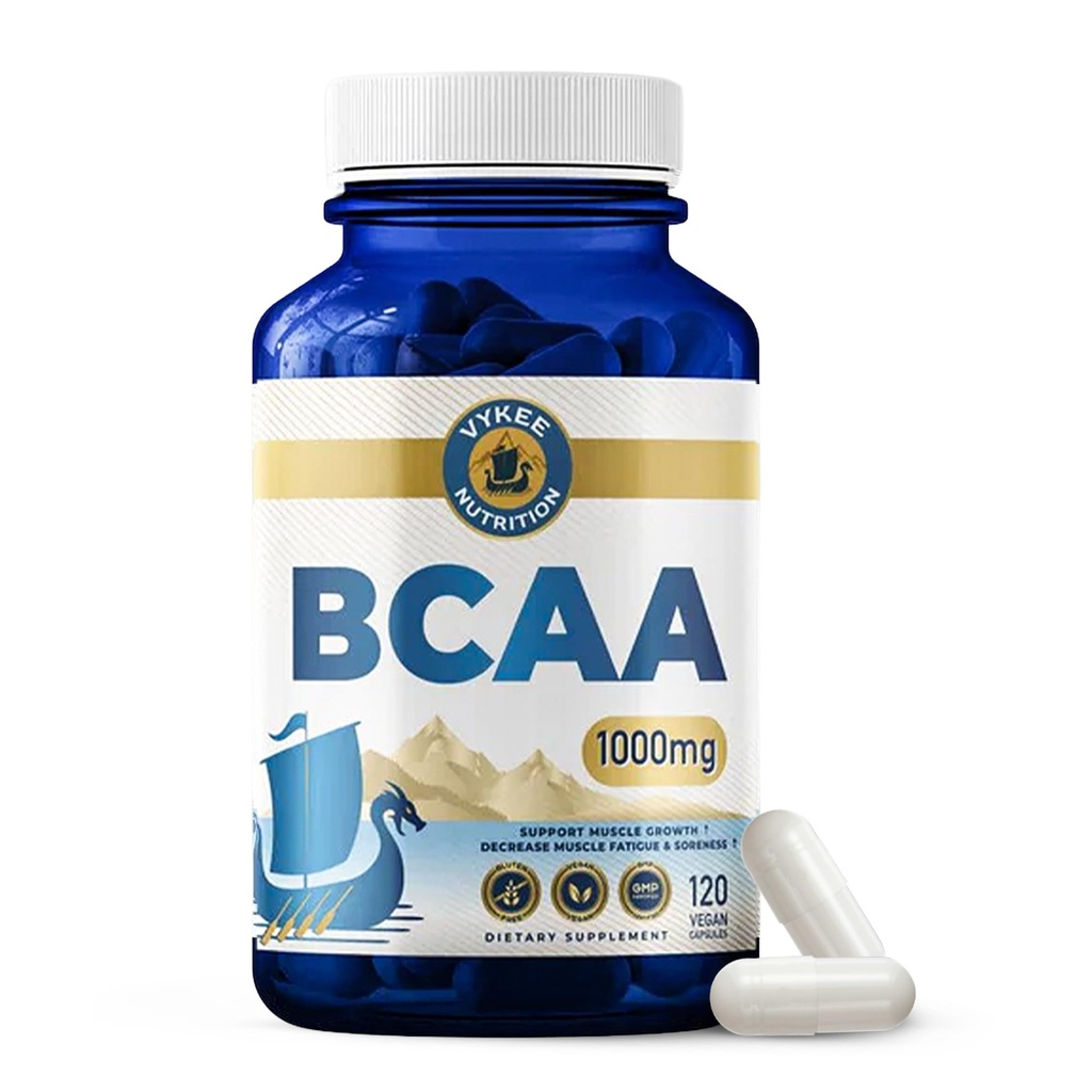 Vykee Nutrition BCAA kapsulas – atbalsta muskuļu augšanu, atjaunošanos, un olbaltumvielu sintēzi – Vegan, Non-GMO, bez lipekļa – 1000 mg, 120 Skaits