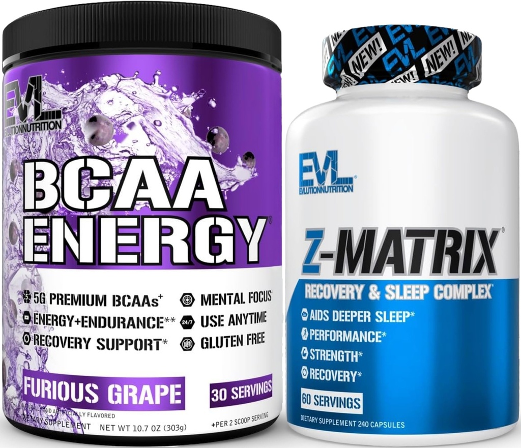 Evlution ZMatrix Magnija un cinka Post Workout Papildinājums (60 Servē) Plus Papildinājums BCAA aminoskābes Pulveris pirms un pēc treniņa (Grape, 30 Servē)