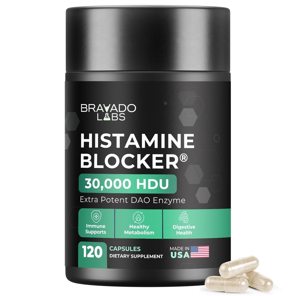 Bravado Labs DAO piedevas Histamīna blokators - papildus stiprums 30 000 HDU DAO Enzīmi + Diamīna oksidāze un C vitamīns ikdienas histamīna vielmaiņai un imūnai palīdzībai - 120ct