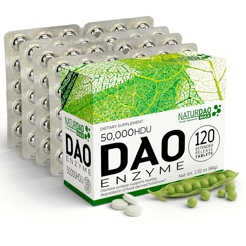 MAX DAO Enzīma papildinājums 120 tabletes, 50 000 ADU katrā tabletē Regulējama deva, paplašināta deva, histamīna blokators