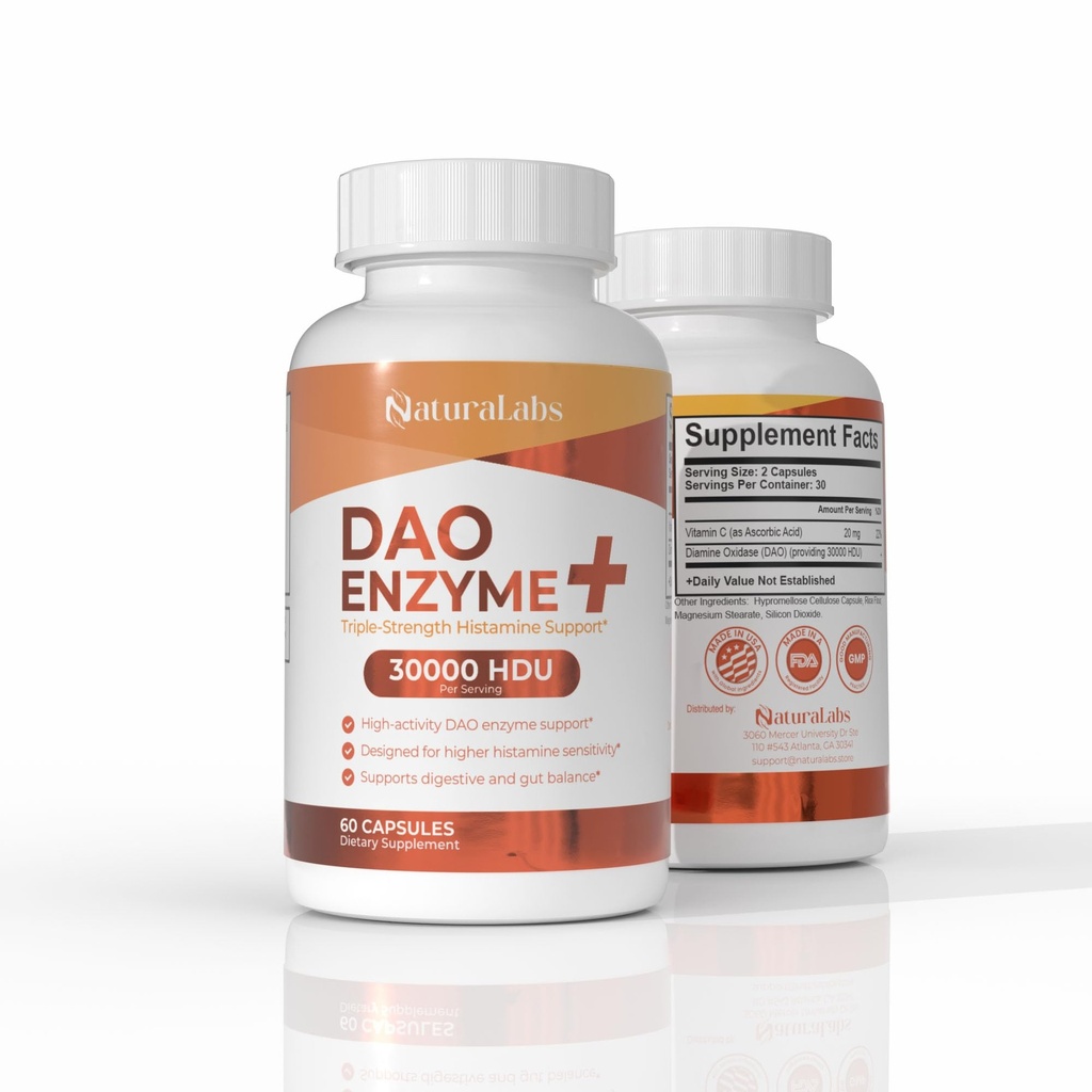 DAO Enzīms + histamīna blokators - Trīskārša stipruma 30 000 HDU formula - DAO Enzīma piedevas ar C vitamīnu - Histamīna nepanesības uzturs - 60 kapsulas