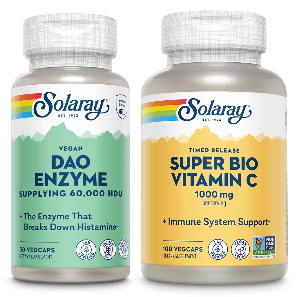 SOLARAY DAO enzīmi un super biovitamīns C 1000 mg - Gremošanas enzīmi, lai pārtrauktu Histamīna - Timed Release VIT C w/bioflavonoids Imūnās atbalsta papildinājums, Vegan, 60 dienu garantija, 30/50 Kalpošanas