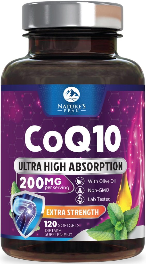 CoQ10 Softgels - Ultra High Absorbcija Coenzyme Q10 200mg Per Servējums - Co Q 10 Softgel Papildinājums ar melnajiem pipariem, enerģija un sirds atbalsts Antioksidants - sievietēm un vīriešiem, pudelēs ASV - 120 Softgels