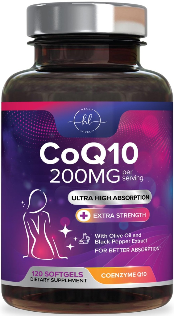 Coenzyme Q10 200mg uz vienu Kalpošanas Papildinājums - Ultra High Absorbcija, Antioksidants sirds veselībai un enerģijas ražošanas atbalsts - CoQ10 (Ubihinons) Co Q 10 Papildinājums & Vitamīni 100mg Katrs - 120 Softgels