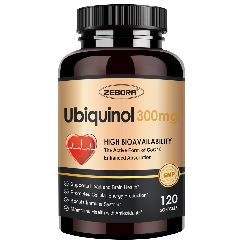 ZEBORA Ubiquinol CoQ10 300mg Softgels, 4-in-1 Spēcīgs antioksidants sirds un asinsvadu veselībai, būtiski enerģijas ražošanai, Max Absorbcija Aktīvā CoQ10, 120 Softgels