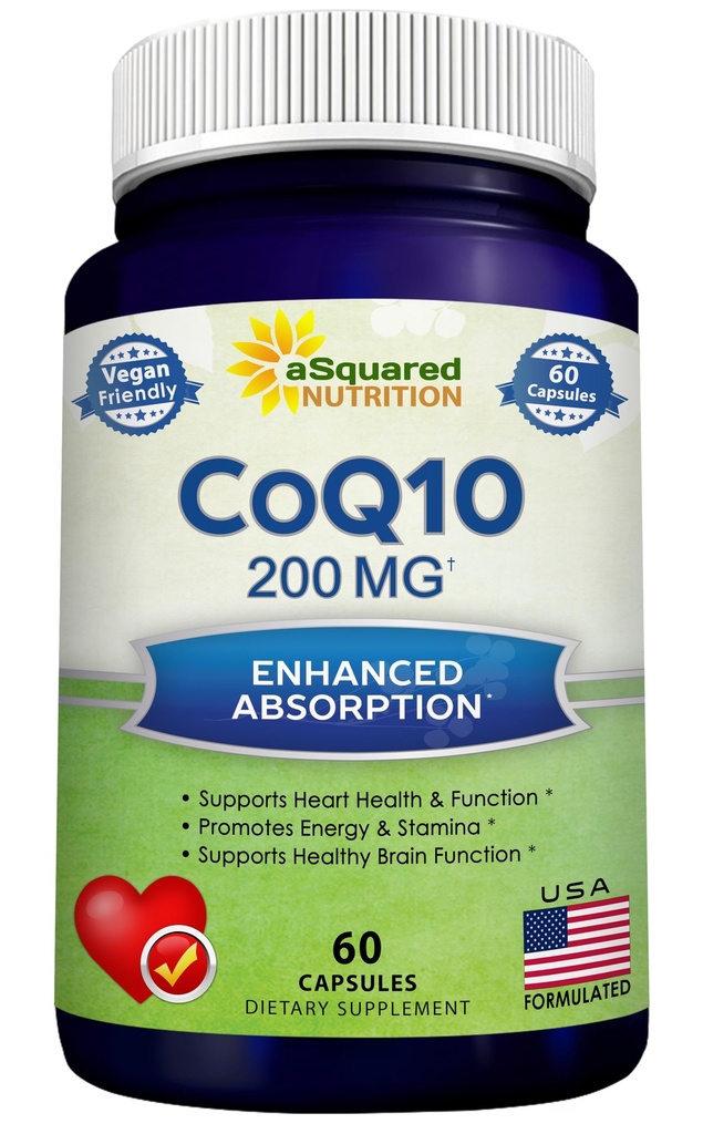 aSquared Nutrition CoQ10 200mg - 60 Kapsulas - CO Q 10 papildinājums - Coenzyme Q10 Ubihinon Tabletes - Vegan CoQ-10 Ekstra antioksidants Vitamīns - alternatīva softgeliem un gumijām