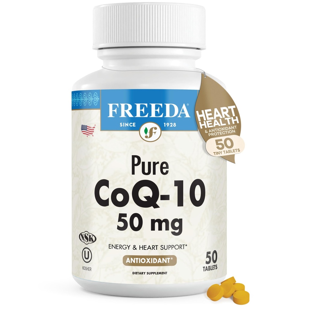 FREEDA CoQ10 50mg - Kosher Vegan Co-Q 10 Papildinājums sirds un asinsvadu veselībai, Asinsspiedienam, Gum Health & Healthy Aging - Pure Coenzyme Q10 - Ubihinona CQ10 Papildinājums (50 Skaits)