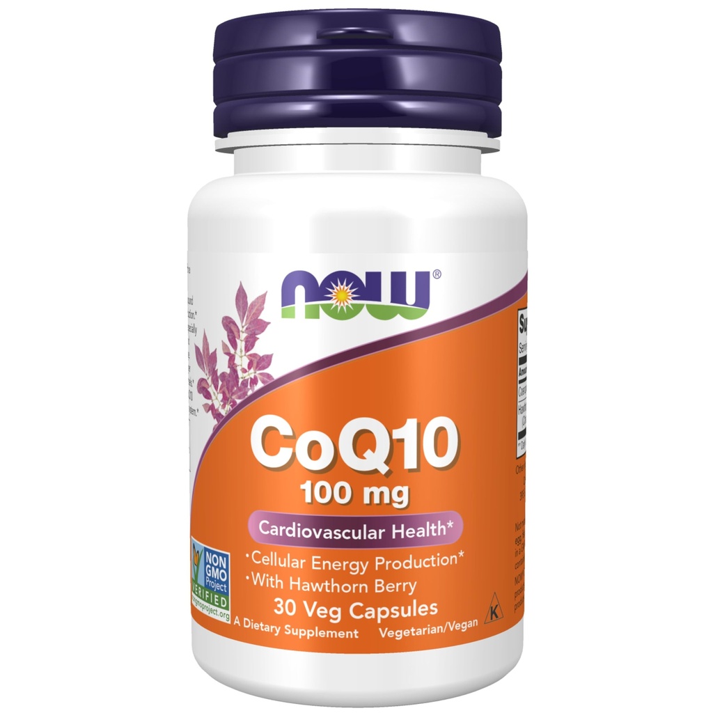 NOW pārtikas piedevas, CoQ10 100 mg ar Hawthorn Berry, Farmaceitiskā pakāpe, All-Trans Form ražots fermentācija, 30 Veg kapsulas