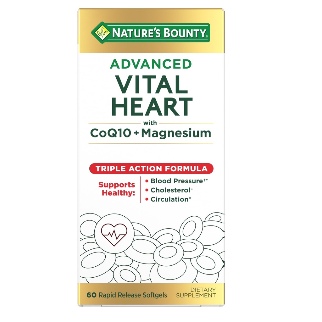 Dabas Bounty Advanced Vital Heart with CoQ10 + Magnijs, Antioksidants, Atbalsta Veselīgs asinsspiediens, Holesterīns, Cirkulācija, Triple Action Formula, CoQ10, Magnija papildinājums, 60 Softgels