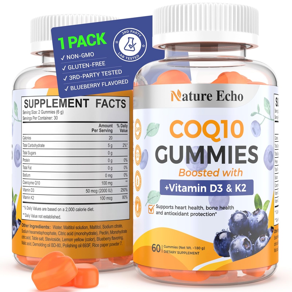 Daba Echo® CoQ10 Gummies 100mg, CoQ10 Papildinājums ar vitamīnu D3 & K2, Coenzyme Q10 Papildinājums Zileņu uzlējums, bez cukura, sirds veselība, kaulu atbalsts un antioksidants, Vegan, Non-GMO 60 Gummes