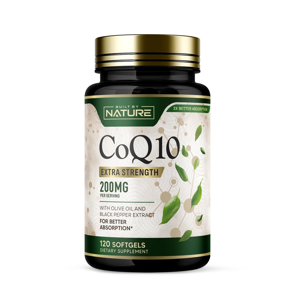 Built by Nature CoQ10 200 mg – Coenzyme Q10 ar olīveļļu un melnajiem pipariem augstas absorbcijas – Atbalsta sirds veselību un enerģiju – Antioksidants papildinājums – 2 Mēnešu Piedāvājums, 120 Softgels