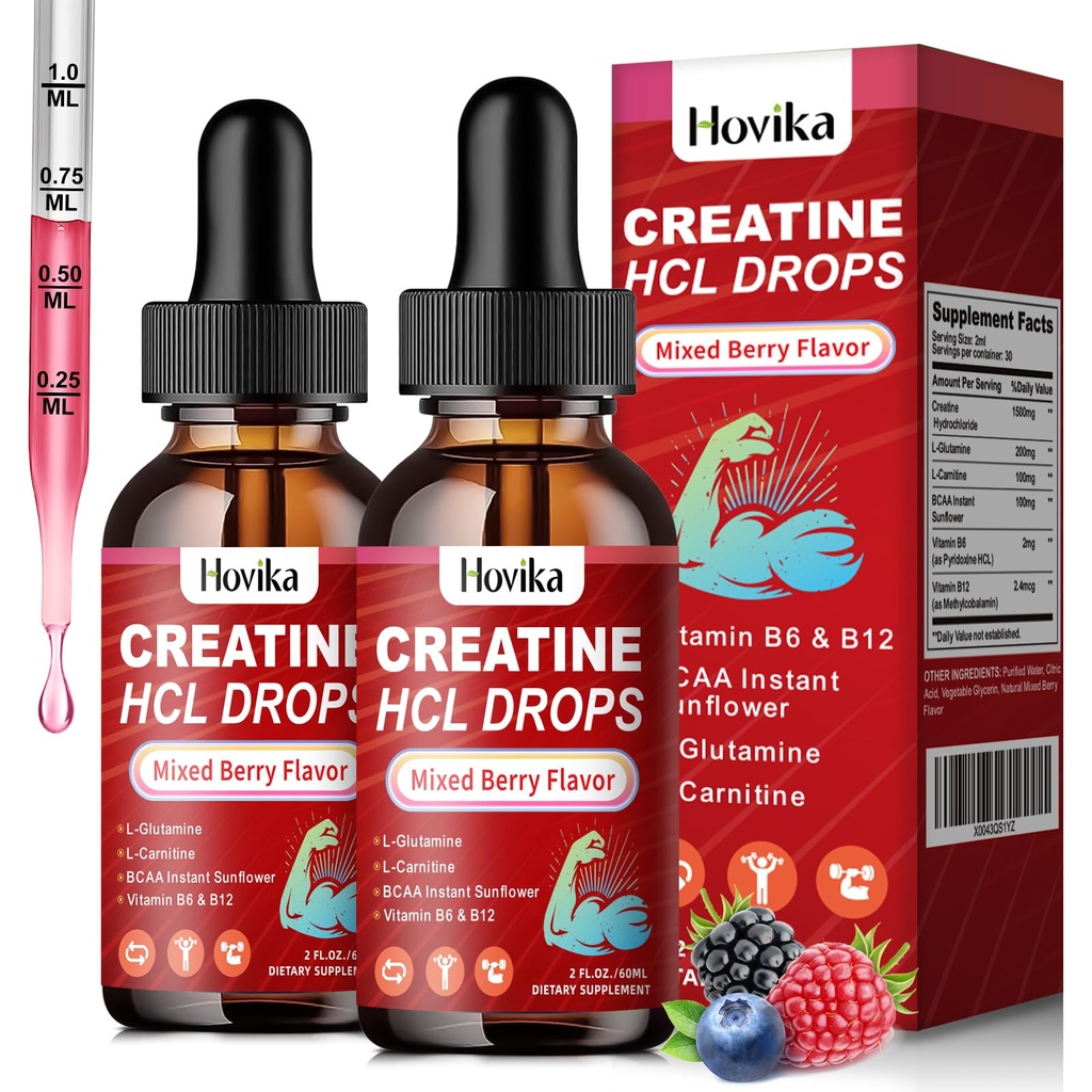 Kreatīns HCL šķidrs piliens vīriešiem un sievietēm, kreatīns hidrohlorīds ar L-karnitīns, L-glutamīns, BCAA, vitamīns B12 & B6 muskuļu augšanu un atgūšanu-Vegāns, jaukts ogu Flavor Flavor, 4 Fl Oz