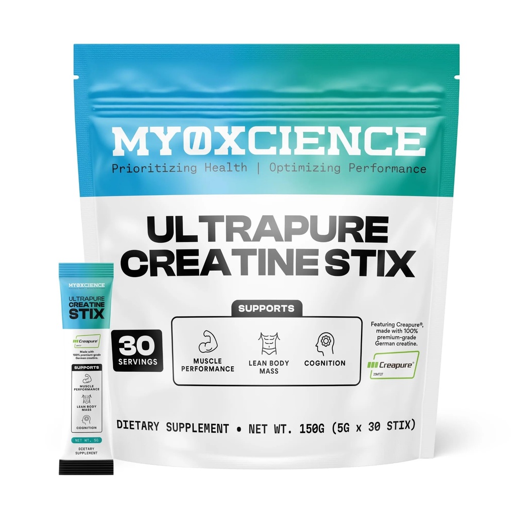 MYOXCIENCE Kreapūra® Kreatīns Stikss 5 Vācu kreatīna monohidrāta grami uz vienu stick iepakojuma          ) Atbalsta Muskuļu veiktspēju, Lean Body Mass, & Cognition 30 Single Serve Stix