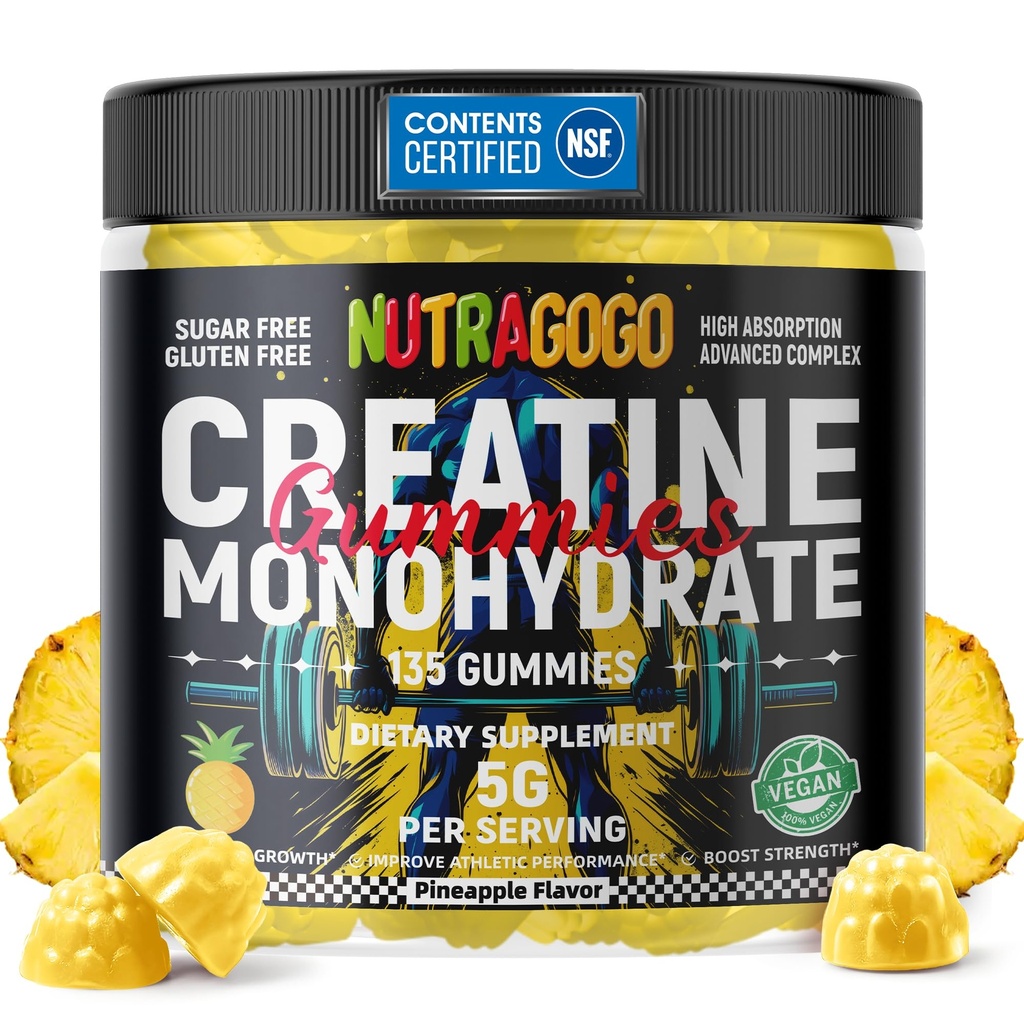 NSF Certified Creatine Gummy - kreatīnmonohidrāts Gumijas vīriešiem un sievietēm-5g kreatīnmonohidrāts uz vienu kalpot - bez cukura,Vegan, ananasu elektrolītu košļājamās, 135 Count
