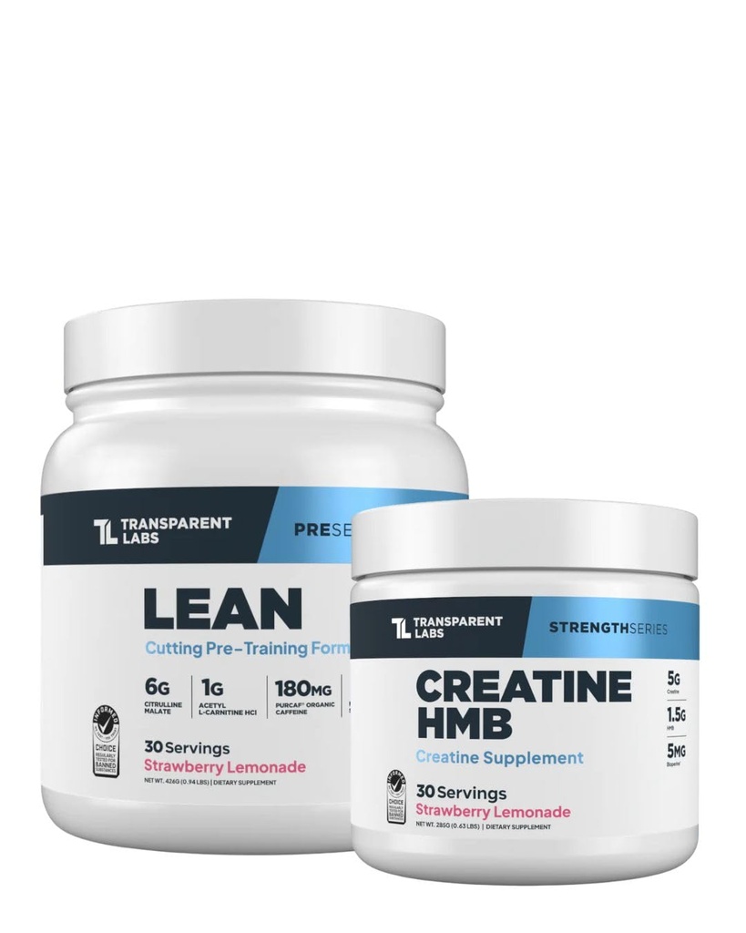 Caurspīdīgs Labs Lean pre-workout (30 Kalpojumi, zemeņu citronāde) & Kreatine HMB (30 Kalpojumi, zemeņu citronāde)