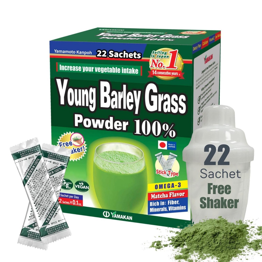 Yamamoto Kanpoh YAMAKAN Mieži Grass sulas pulveris, jaunie mieži Zāles pulveris bagāts ar minerālvielām, vitamīni un augu bāzes proteīns sievietēm un vīriešiem, Grass sulas no Japānas, Non ĢMO 22 Count