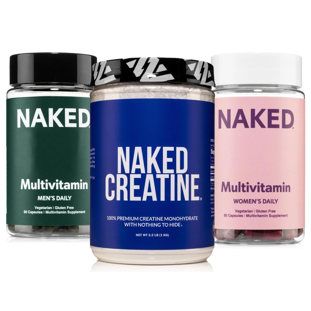 NAKED kreatīns + vīriešu un sieviešu multivitamīnu paka – Pure 1 000g kreatīna pulveris ar dienas vairākiem stipruma, Gut un imūnās veselības