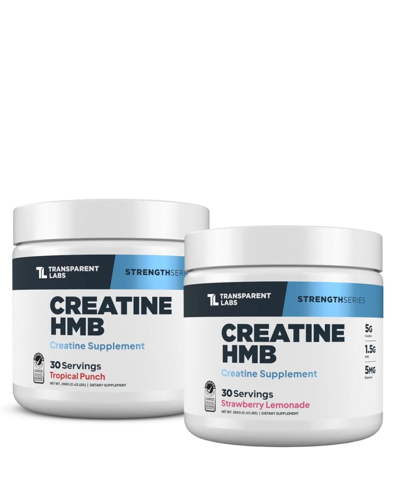 Caurspīdīgs Labs Kreatīns HMB (30 Kalpo, Zemeņu Lemonāde) & Kreatīns HMB (30 Kalpo, Tropu pūce)