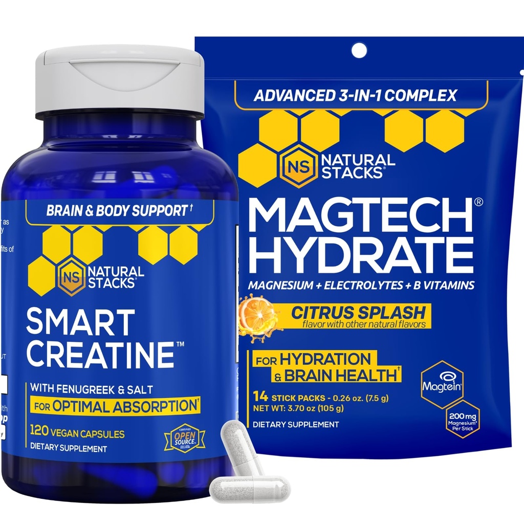 NATURAL STACKS Kreatīnmonohidrāts & Magtech Hidrate Bundle - 2500mg kreatīns + 200mg Elementārais magnijs Per Servē - Atbalsta hidratācija, smadzeņu veselība un izturība - 44 Kopā Kalpo
