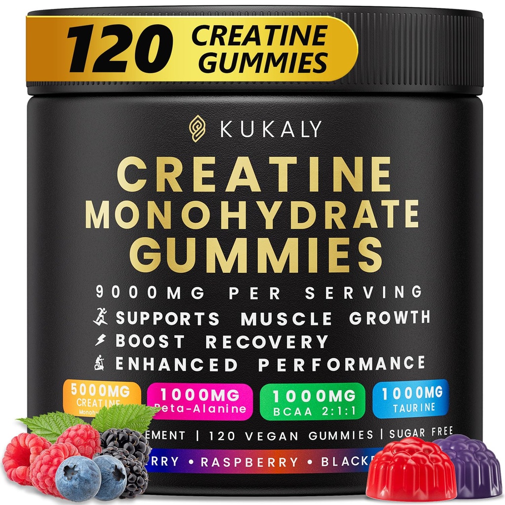 KUKALY Kreatīna monohidrāts Gumijas vīriešiem un sievietēm, 9000MG Kreatīna Gumijas bez cukura – ar L-Taurīna maisījumu, BCAA 2:1, B12 B6 Boost Strength, Focus & Endurance, Vegan, Non-GMO, 120pcs