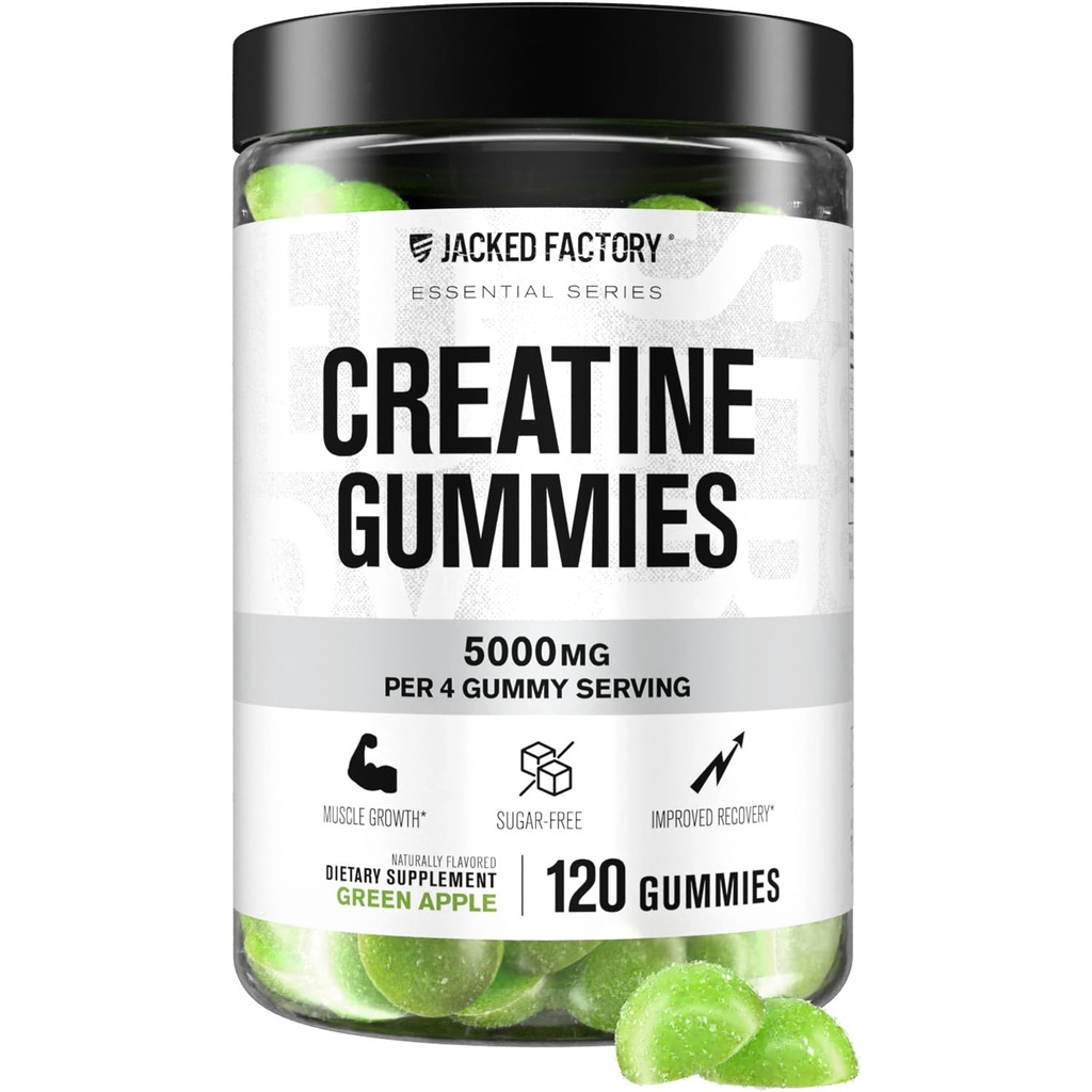 Jacked Factory Free Creatine Gummies - 5g Dienas deva (1,25g uz gummy) - Kreatīnu Gummy Cukurs brīvs vīriešiem un sievietēm, Vegan-Draudzīgi, Trešās puses pārbaudīts - 120 Gummies, Green Apple