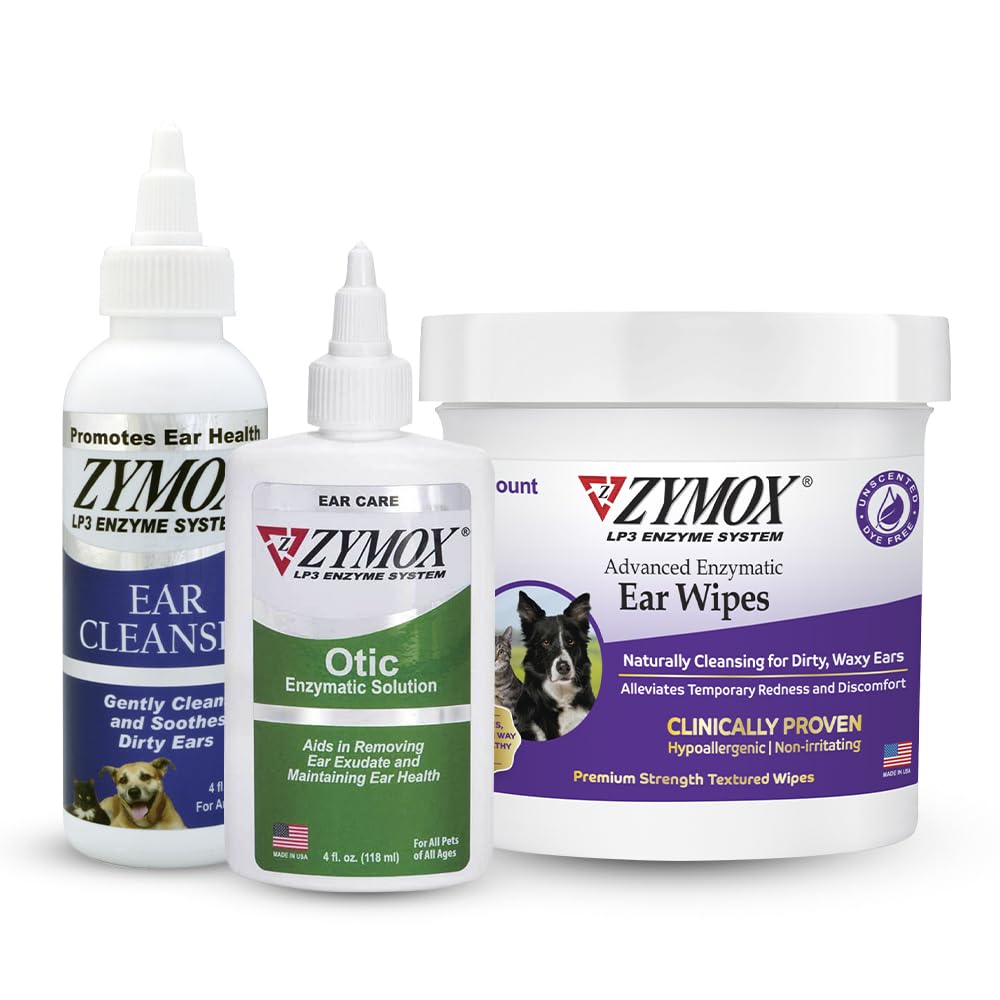 PET KING BRANDS ZYMOX Enzimātiskie ausu leikocīti un otikas šķīdums suņiem un kaķiem - Izstrādājuma bars - netīrībai, vaskajai, smirdīgajai ausij un Soothe ausu infekcijām, 100 ct, 4 oz un 4 ct