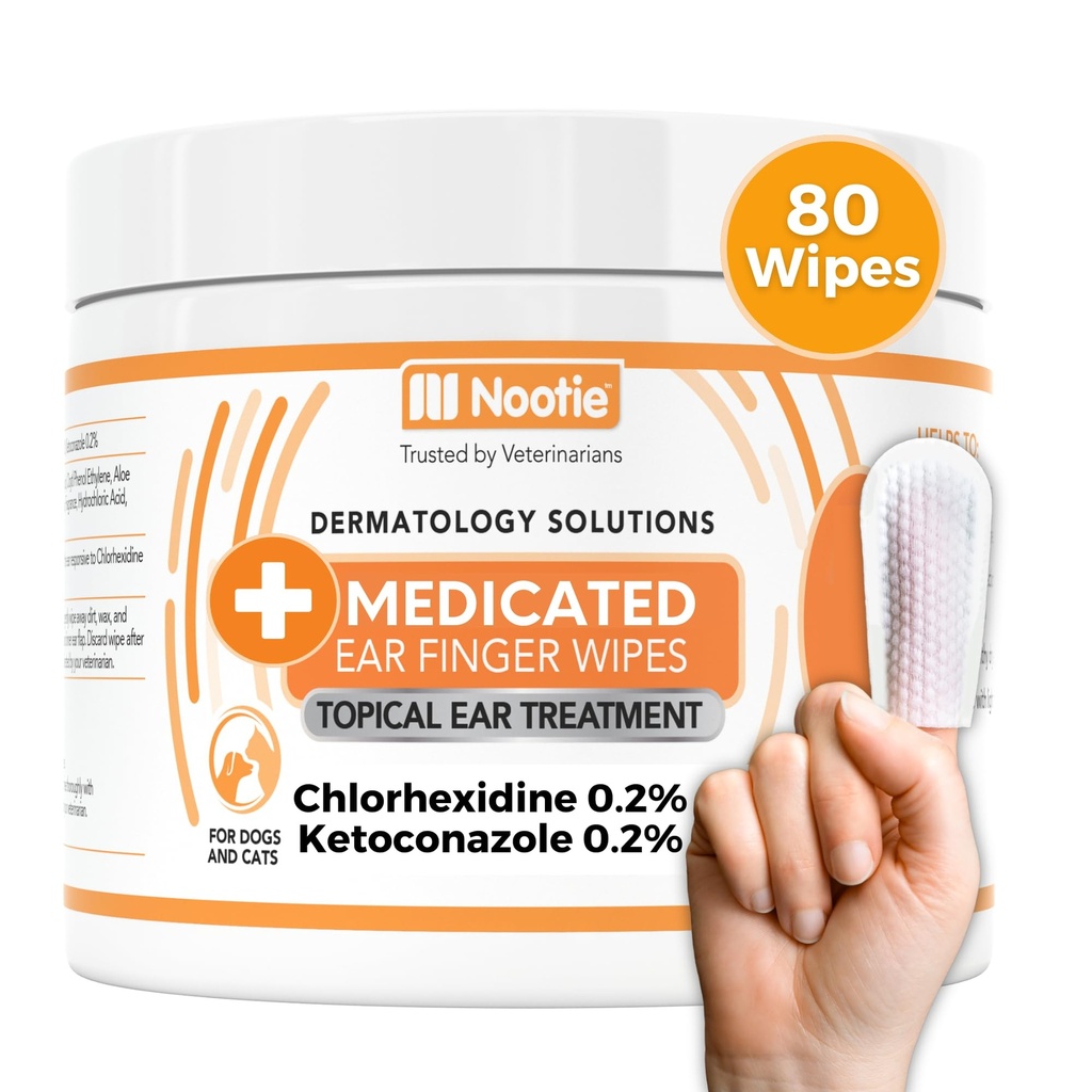 Nootie Medicated Ausu Finger Wipes ar hlorheksidīnu suņiem, Gentle Dog Ausu tīrīšanas Wipes niezoši, jutīgas ausis - palīdz noņemt vaska, netīru Buildup, & Odor 80 Wipes - Ražots ASV