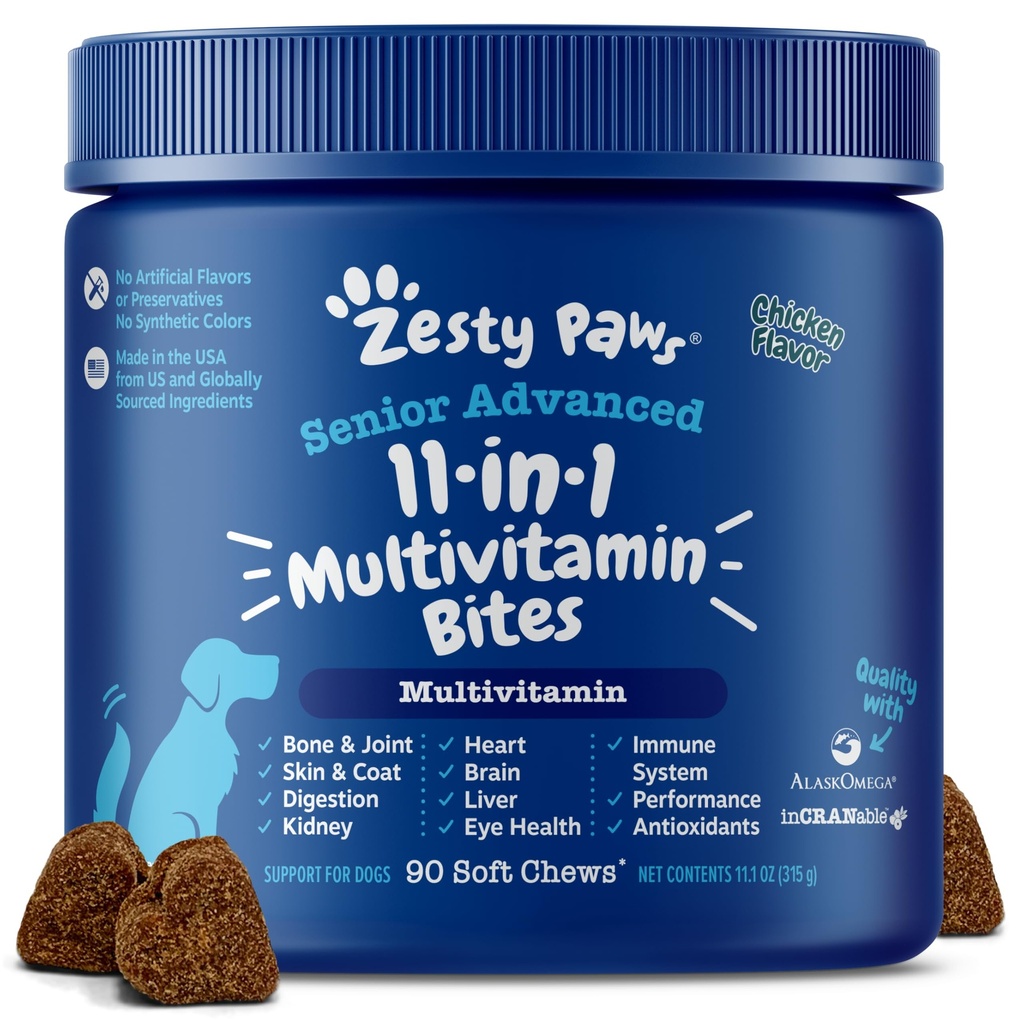 Zesty Paws Vecākais suns Multivitamīni Ārstēti - Glikozamīns suņiem + Gremošanas enzīmi un probiotikas - Grain Free Dog Vitamīni un papildinājumi ādai un apvalkiem + Imūnās veselības Vista - Advanced - 90ct