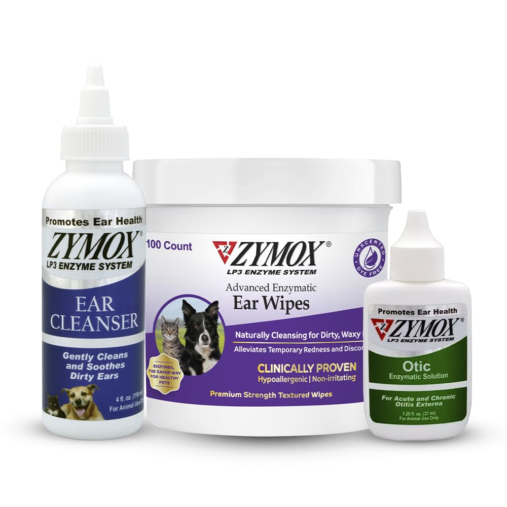 PET KING BRANDS ZYMOX Enzimātiskie ausu leikocīti, ausu tīrītājs, & Otic Ausu šķīdums suņiem un kaķiem - Izstrādājumu paka - netīrām, vaskainām, smirdīgām ausīm un nomierinošām ausu infekcijām, 100 ct, 4 oz un 1,25 oz