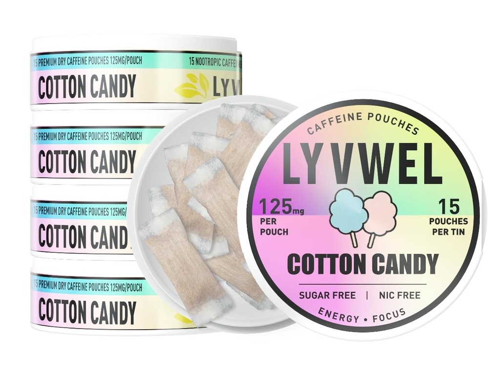 LyvWel 125mg Kofeīna enerģijas maisiņi – Tīra enerģija ar Guarana priekš Focus & Stamina – 5 Iepakojums (75 Kopā maisiņi) (5 Iepakojums, Cotton Candy)
