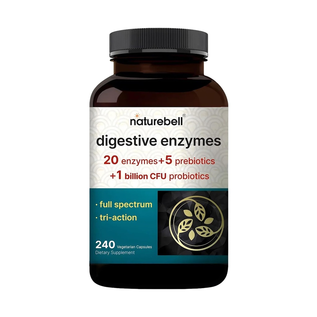 NatureBell Gremošanas enzīmi - 240 kapsulas - Gut & Digestive Health Support Papildinājums * - ar 20 enzīmiem, 5 prebiotikām un 10- strand Probiotic Blend