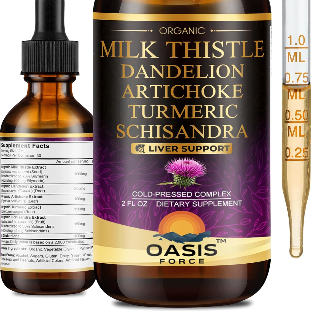 Organic Milk Thistle Extract Šķidrums aknu attīrīšanai Detox & Remonts, Silymarin Milk Thistle Drops Papildinājums ar Dandelion & Artichoke aknu atbalstam, Vegan, bez alkohola, 2 FL OZ