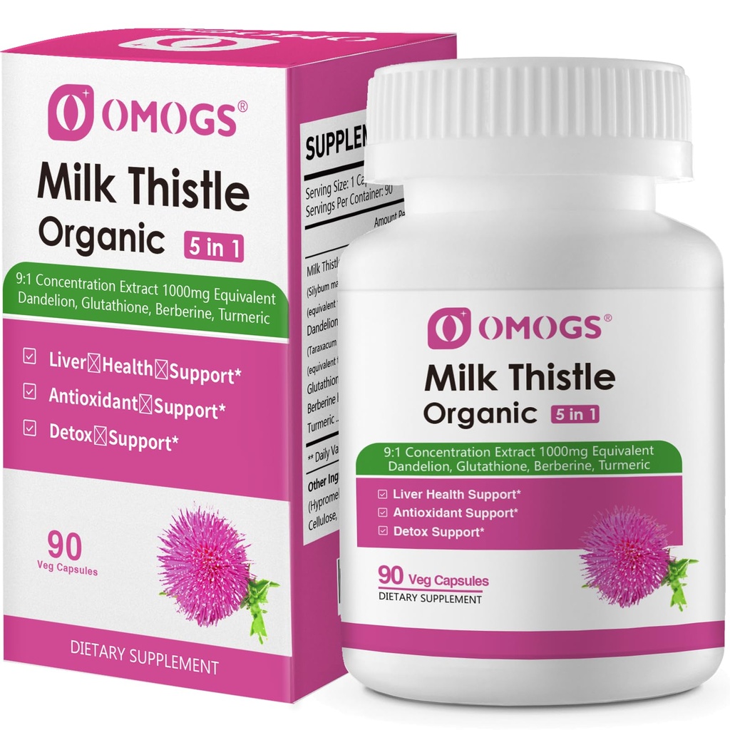 OMOGS Organic Milk Thattle, Herbal Aknas Atbalsts Piena Thattle Papildinājums, Ar Dandelion Sakni, Glutatione, Berberine HCL & Turmeric, Atbalsts Aknu tīrīt Detox & Remonts, 90 Kapsulas