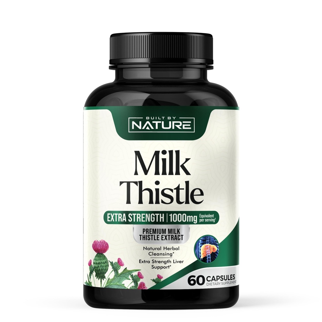 Built by Nature Milk Thistle Aknu Detox Papildinājums ar Silymarin ekstraktu un Dandelion Sakni – Maigs augu izcelsmes aknu tīrīšana vīriešiem un sievietēm - Aknu veselības atbalsts - Non-GMO - 60 Veggie kapsulas