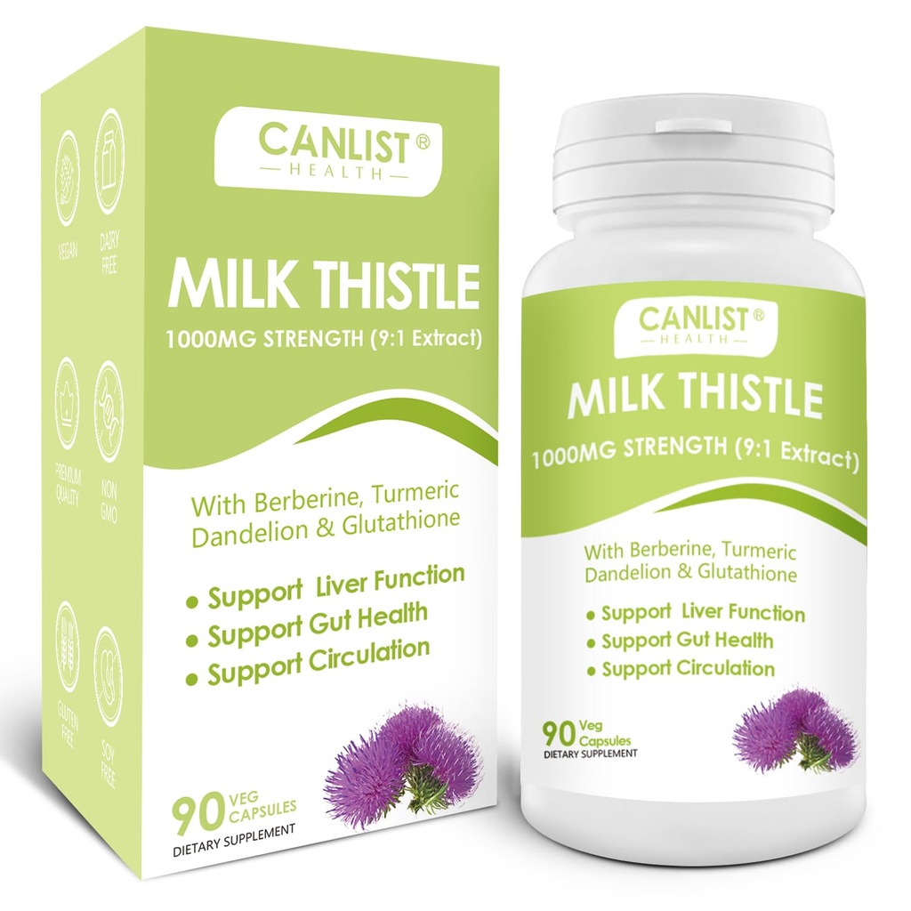 CANLIST Milk Thattle kapsulas 1000mg, spēcīgs 9:1 ekstrakts, aknu veselības atbalsts, detokss un tīrīšana, antioksidants un Gut veselība, ne-GMO, bez lipekļa, 90 kapsulas