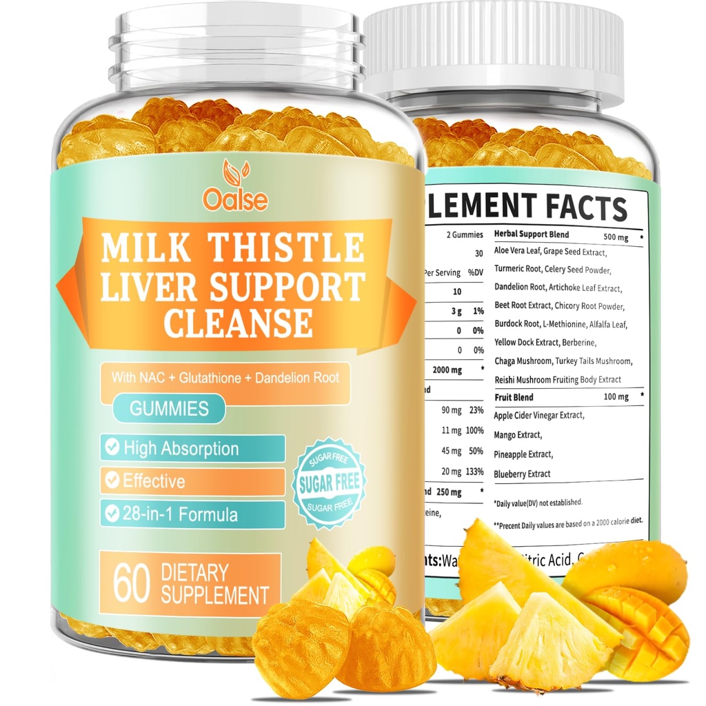Aknas tīrīt Detox & remonts 2000 Mg Milk Thistle Gumies - Mango Ananass - ar NAC, Glutatione, Dandelion Saknes, Aloe Vera Leaf, uc, Gluten-free, 60 Count