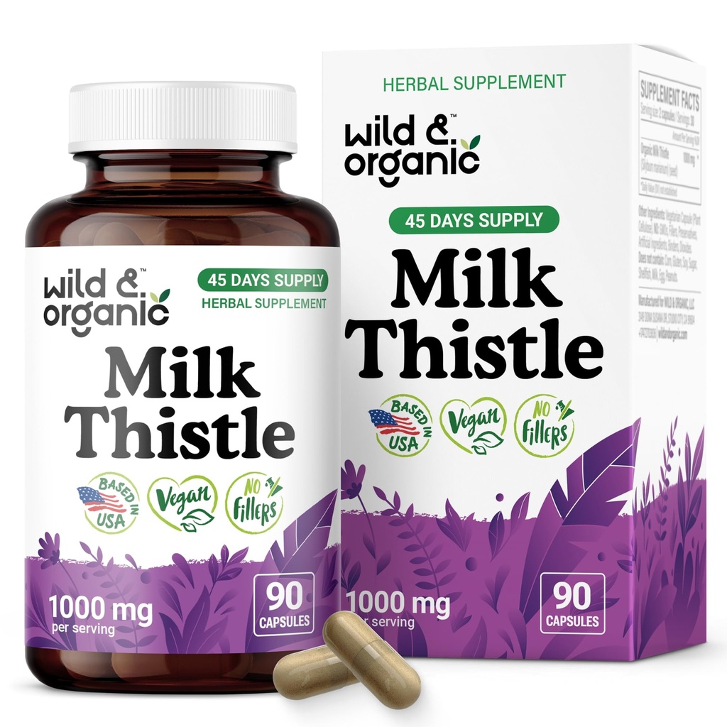 Savvaļas un organiskais piens Thistle kapsulas 1000mg - Aknu Detox piedevas - Silymarin Milk Thistle pulveris aknu tīrīšanai - 90 Vegan Kapsulas - 45 dienu piegādes - Nav pildījumu, nav GMO