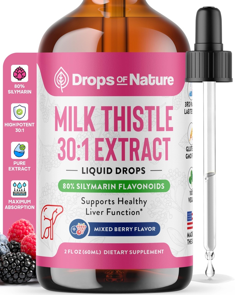 Piena šiste nokrīt ar 80% Silymarin Flavonoids – Vegan, Non-GMO, Fast-Absorbing – Viegli sajauc ar dzērieniem – Piena Šiste papildinājums aknām, Imūnās aprūpes un antioksidantu atbalsts (Mixed Berry, 60 ml)