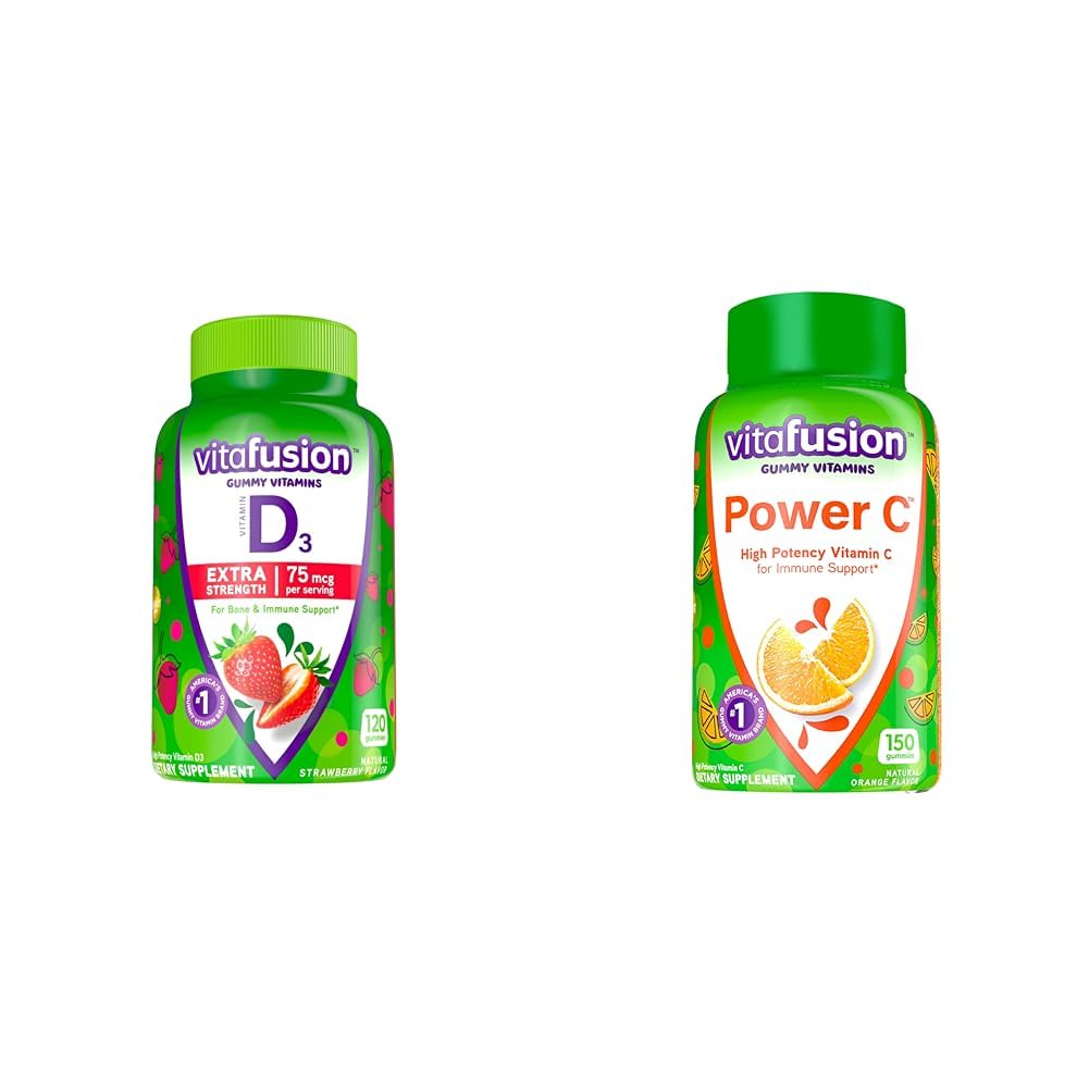 Vitafūzija Extra Strength D3 vitamīns Gummy & Power C vitamīns C Gummies for Immune Support, Orange Flavored, 282 mg C vitamīns, America's Number 1 Gummy Vitamīna zīmols, 50 Day Supply, 150 Count