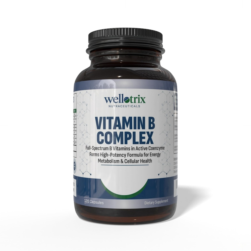 Wellotrix Advanced B-Complex – Full Spectrum of 8 Essential B Vitamīni (B1, B2, B3, B5, B6, B7, B9, B12) aktīvās koenzīma formās – atbalsta enerģijas vielmaiņu un šūnu veselību – 120 kapsulas