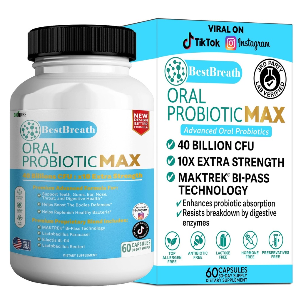 BestBreath Oral Probiotic MAX - 40 miljardi KVV - atbalsts Zobu, gumu, ausu, deguna, rīkles un gremošanas veselība - 60 kapsulas (1)