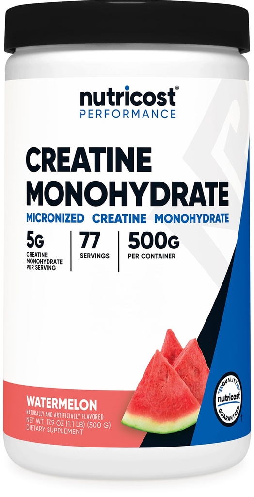 Nutricost Kreatīna monohidrāts Pulveris (Ūdensmeleons, 500 Grams) - Mikronizēta kreatīna papildinājums - Vegāns, ne-GMO, bez lipekļa