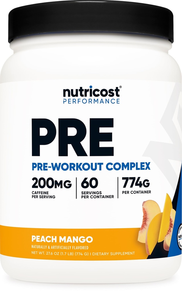 Nutricost pirmsstrādāšanas komplekss Pulveris (60 Servē, persiku mango) - Pirmsstrādāšanas papildinājums ar Beta-Alanīnu, Taurīnu un aminoskābēm