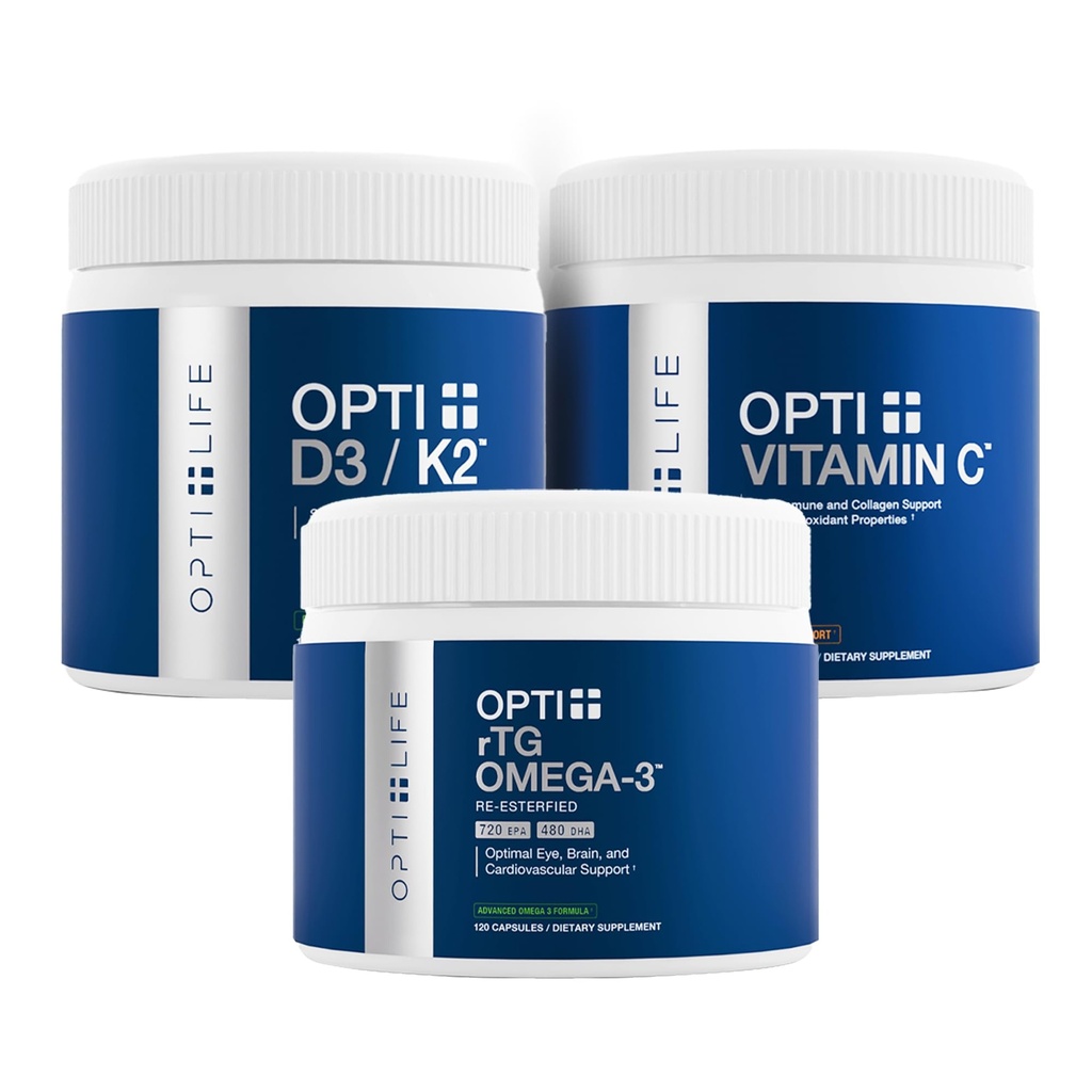 Opti+ Kaulu un locītavu veselības bundle - D3 K2 vitamīns, rTG Omega-3 un C vitamīns Papildaprīkojums, kas atbalsta kaulu blīvumu, locītavu labsajūtu un kolagēna veidošanos*  - 3 Product Daily Support Pack
