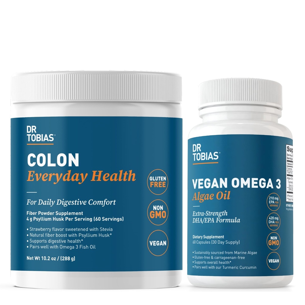 Dr. Tobias Colon Everyday Health & Vegan Omega 3 Aļģu eļļa - Gremošanas labsajūta un ikdienas veselības atbalsts ar Psyllium Husk un DHA EPA Omega 3s, Vegan, ne-GMO