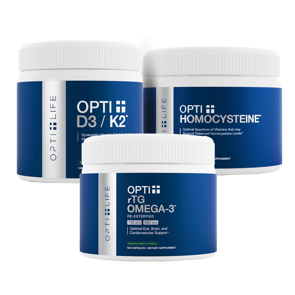 Opti+ Sirds un asinsvadu veselības paka - rTG Omega-3, Homocisteīns B-Vitamīns & D3 K2 Papildaprīkojums Komplekts -- Atbalsts sirds un asinsvadu labsajūtai un veselīgai novecošanai * - 3-Product Daily Heart Support Pack